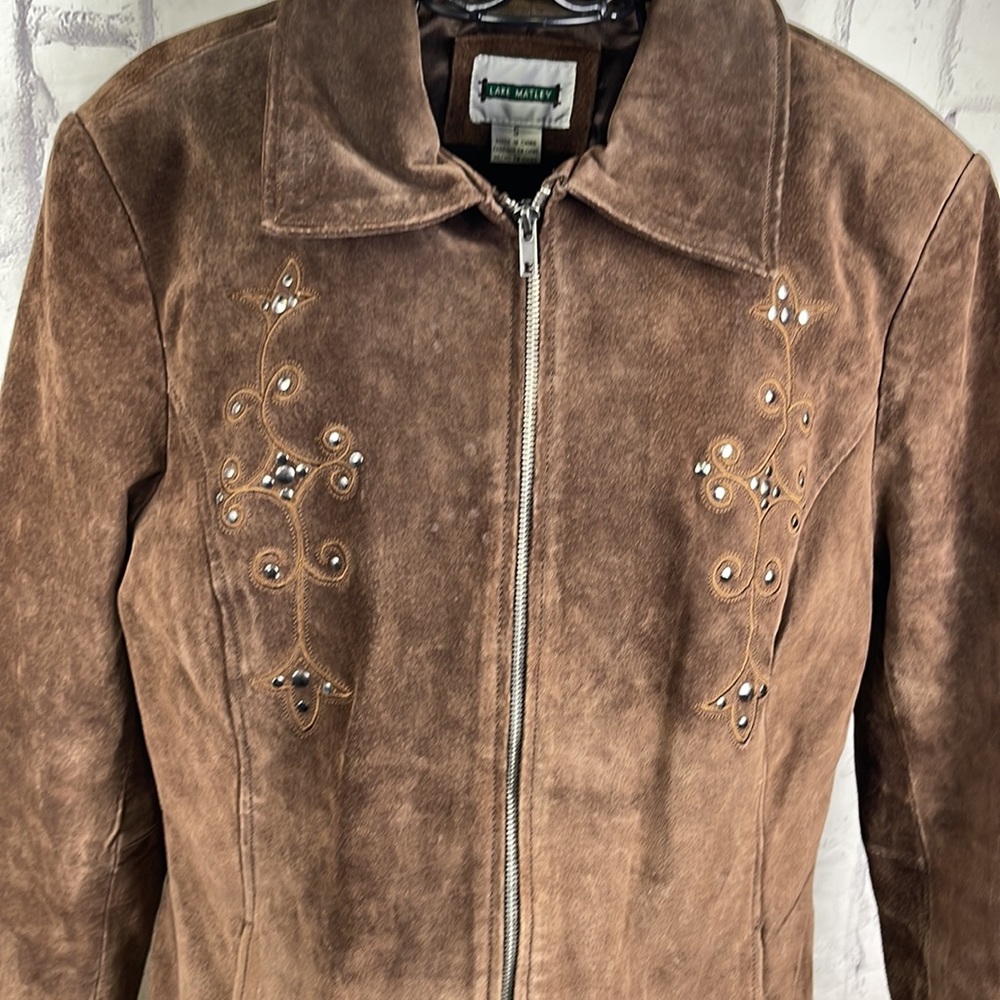 Lake Matley Suede Jacket Pockets Brown Full Zip Front Studded Embroidered Design - Picture 2 of 12